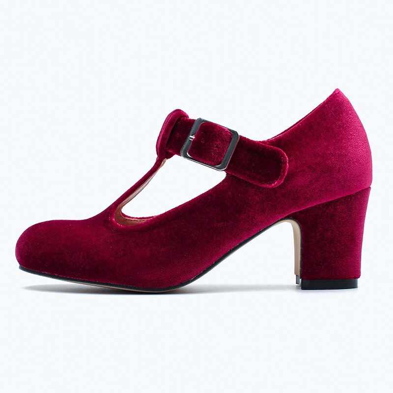 Cross-Border Export Shuli Velvet T-Buckle Shoes Mary Jane Thick High Heels High-End Retro Round Toe Large Size Export Shoes