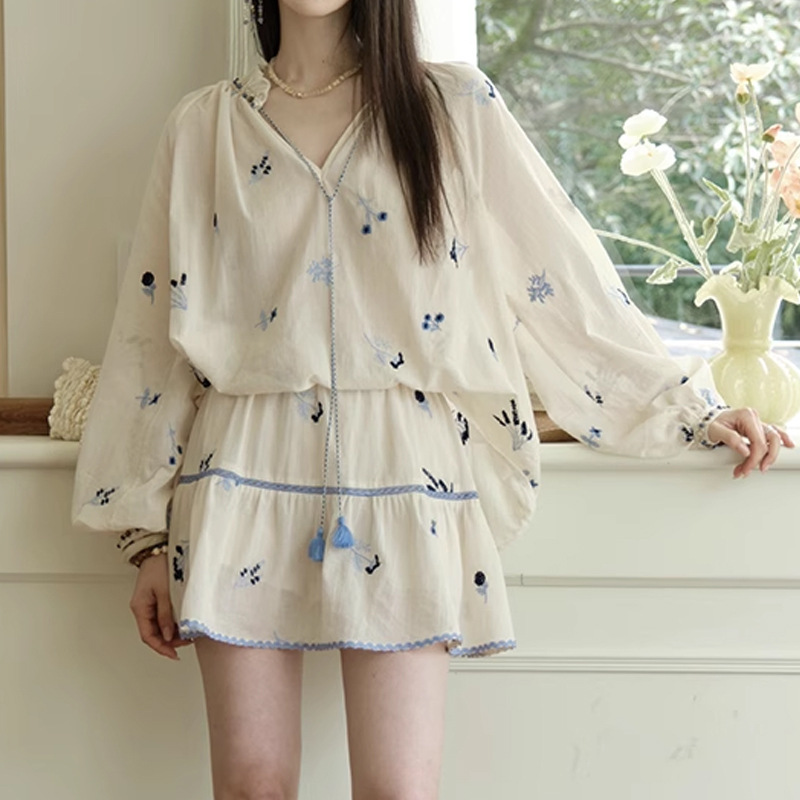 Spot Capri Island Vacation Style Pure Cotton Embroidered Shirt Skirt Suit Women's Lantern Sleeve Lace up Two Pieces