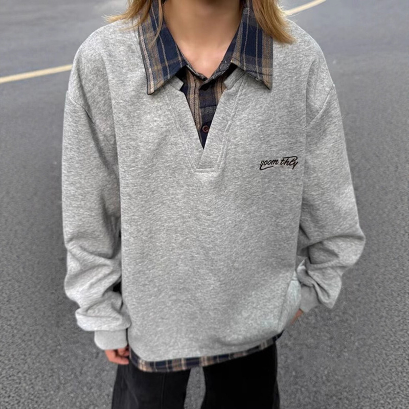 Fake Two-Piece Double-Collar Embroidered Sweatshirt for Men, Spring and Autumn Couple's Long-Sleeved Top, American College Style Jacket Fake Two-Piece Double-Collar Embroidered Sweatshirt for Men, Spring and Autumn Couple's Long-Sleeved Top, American College Style Jacket