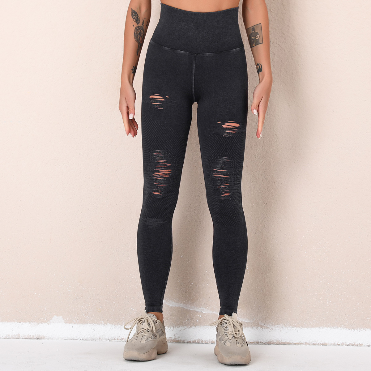Liquidación: Pantalones de yoga nuevos, transfronterizos, lavados, con agujeros, sin costuras, de cintura alta, deportivos, de nueve puntos, que realzan los glúteos, para mujer