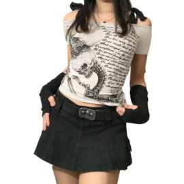 Lace up slim fit printed short top for women系带修身短款上衣