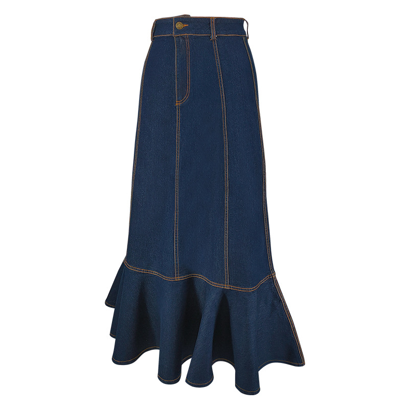 Women's Button-Down Denim Mermaid Skirt, Stretchy Washed Denim Maxi Skirt With Flared Hem, Elegant Tailored Fit_ecoleips.com