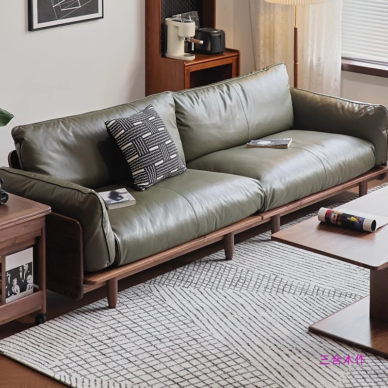 North American Black Walnut Solid Wood Sofa Living Room Small Apartment Home Sofa Straight Row Four-Person Combination Log