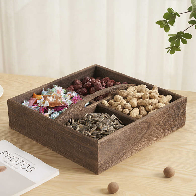 Estufa de madera tuerca caja de almacenamiento compartimento de madera maciza caramelo caja de fruta seca Año Nuevo Chino fruta portátil semillas de melón bandeja