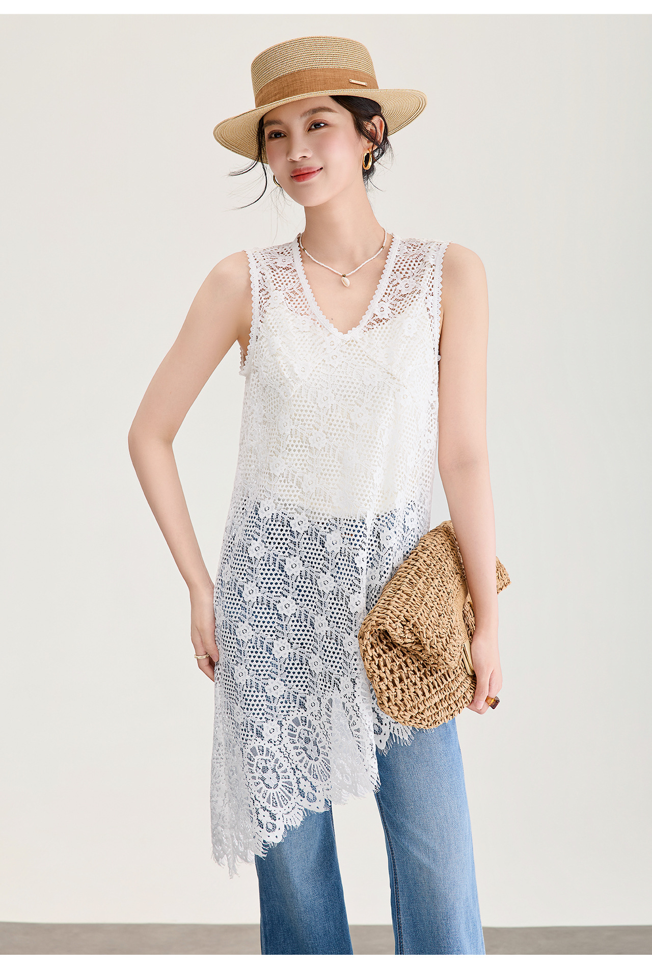 Áo hai dây ren nữ dáng rộng không tay, thiết kế họa tiết rỗng thoáng mát — màu trắng chi tiết 22