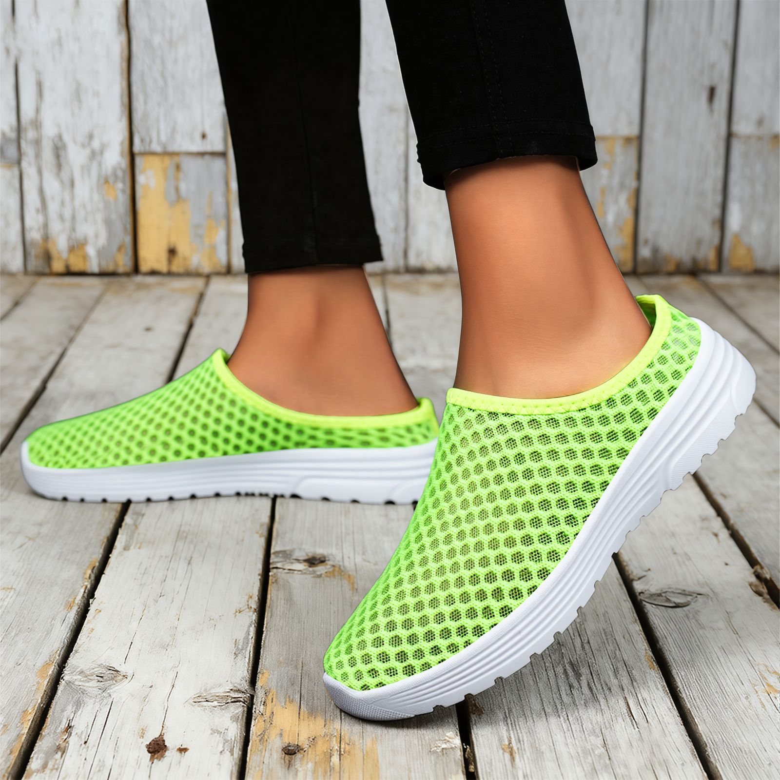 Zapatos de mujer, sandalias transpirables de talla grande con media correa y diseño hueco, zapatillas de malla sin cordones, calzado casual ligero y versátil para mujer image 4