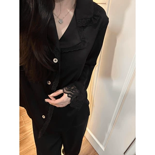 带胸垫睡衣女春秋夏季长袖冰丝绸薄款黑色高级感蕾丝边家居服套装