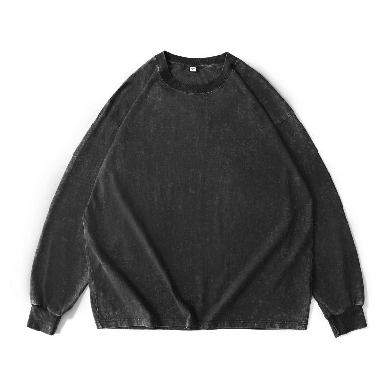 230g pure cotton washed distressed long-sleeved T-shirt for men, solid color American retro trend loose inner layer base layer printed pic 16
