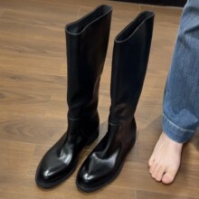 粗跟长筒不过膝骑士靴女 秋冬新款套靴圆头黑色长靴皮靴0809-1B