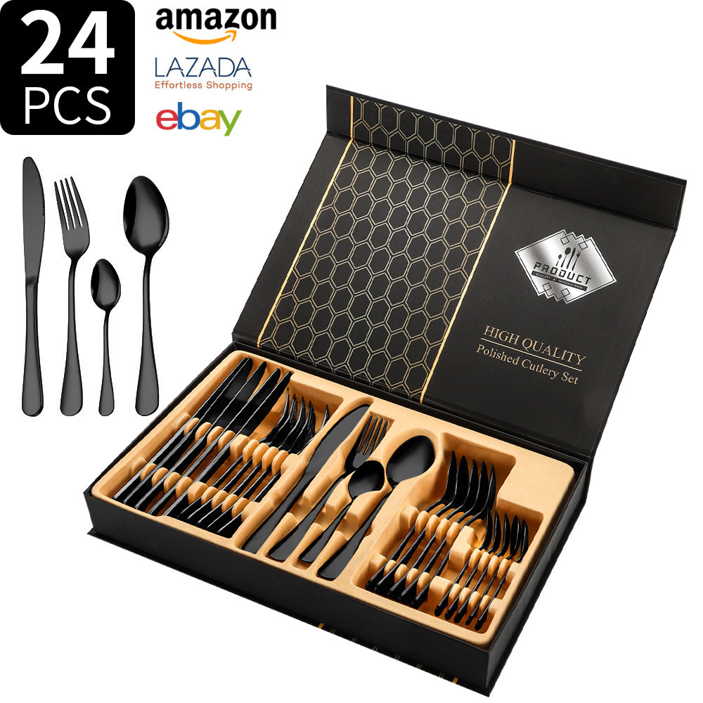 Fuente transfronteriza Amazon 1010 cubiertos de acero inoxidable cuchillo de comida occidental tenedor cuchara 24 piezas caja de regalo cuchara hotel