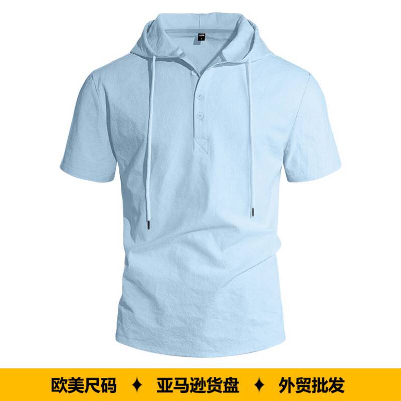 Cross-Border New Amazon Men's Linen Short-Sleeved Beach Casual Hooded Shirt Short-Sleeved Solid Color Shirt T-Shirt