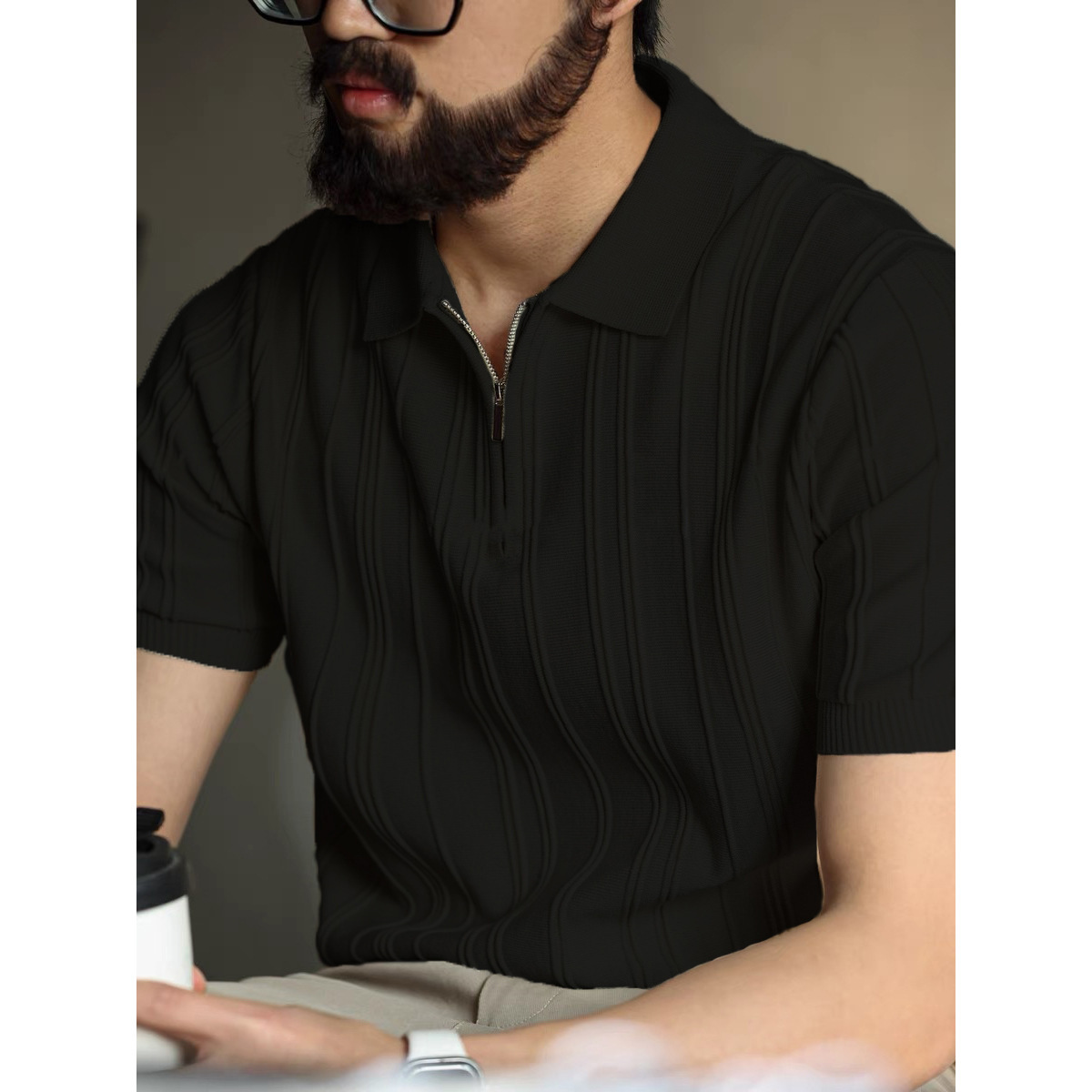 Polo camiseta de punto camiseta de manga corta hombre solapa media cremallera rayas viejas camisetas de hielo de viento de verano fábrica transfronteriza al por mayor