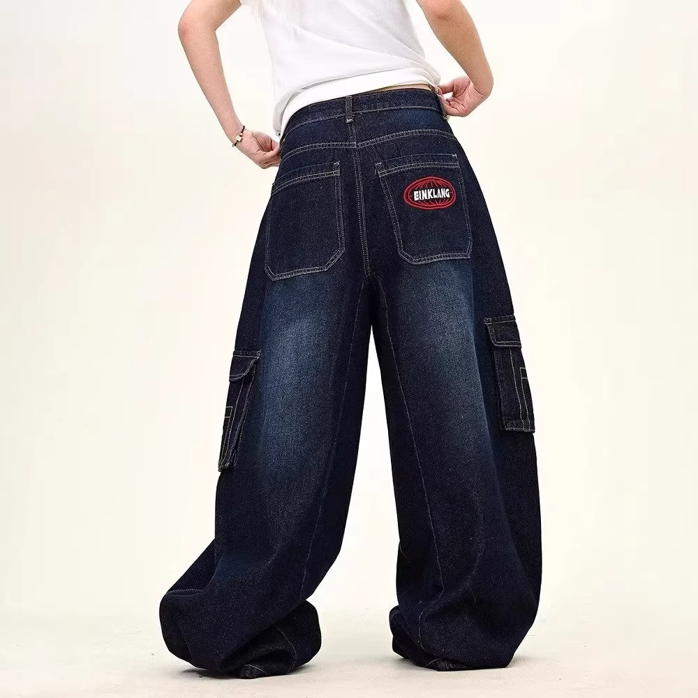 Men's Clothing Unisex Loose Fit Wide Leg Cargo Jeans Cross Border American Retro Whiskered Washed Curved Large Pockets Casual Trousers_mkmklike.com