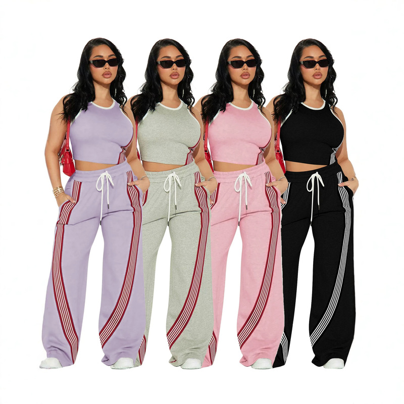 F6026 European and American Cross-border Women's Fashion Casual Vest and Side Stripe Sports Trousers Two-piece Set F6026 European and American Cross-border Women's Fashion Casual Vest and Side Stripe Sports Trousers Two-piece Set