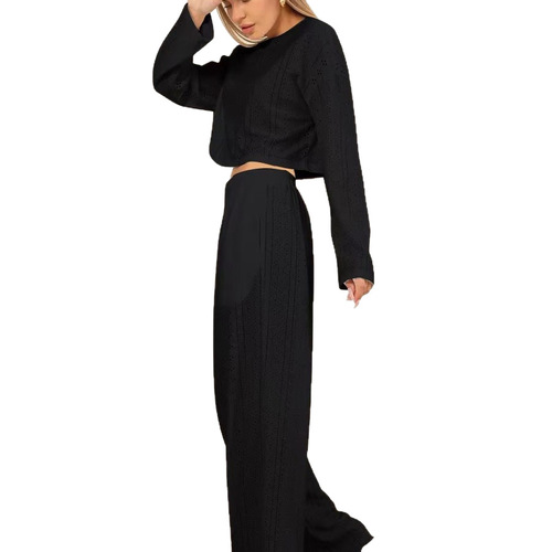 New spring/summer European and American-style women's set: hollow-out jacquard, fashionable and minimalist style, long sleeves and trousers, slim-fit.