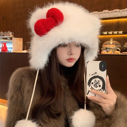 Korean-style Kitty Cat Bow Hat Cute Animal Fashion Warm KT Cat Plush Hat Autumn Winter Women
