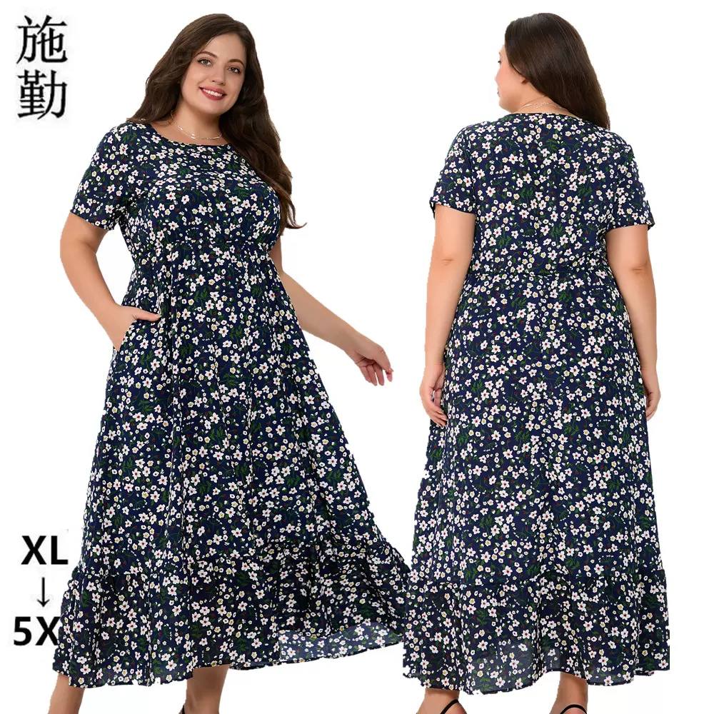 亚马逊跨境外贸大码女装夏季新款圆领短袖印花口袋连衣裙批发