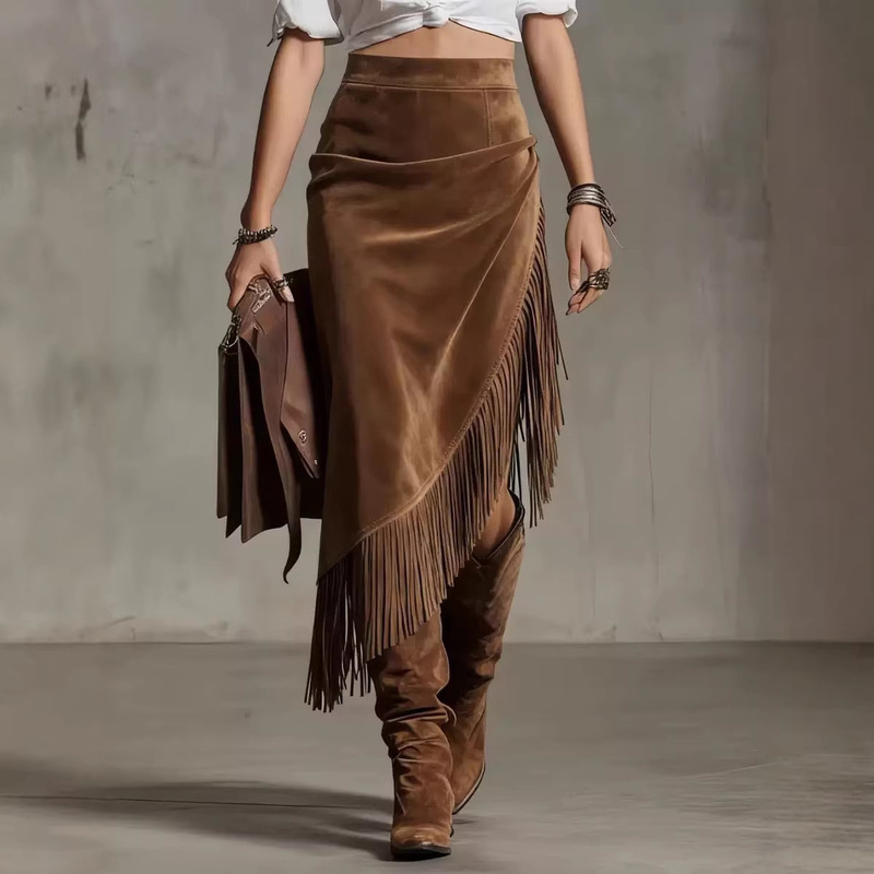 2026 Amazon European and American Cross-Border European Size Retro Western Style Irregular Design Suede Skirt Solid Color Skirt 2026 Amazon European and American Cross-Border European Size Retro Western Style Irregular Design Suede Skirt Solid Color Skirt