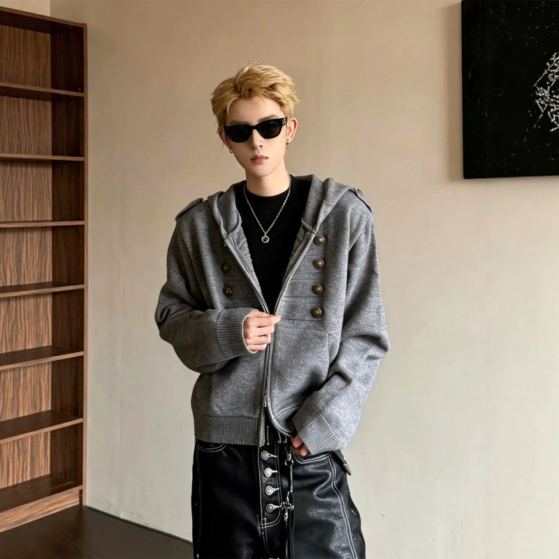 Unique retro-style Napoleon jacket for men, featuring a loose-fitting, zippered, knitted hooded sweatshirt with a court-inspired design, perfect for autumn Unique retro-style Napoleon jacket for men, featuring a loose-fitting, zippered, knitted hooded sweatshirt with a court-inspired design, perfect for autumn