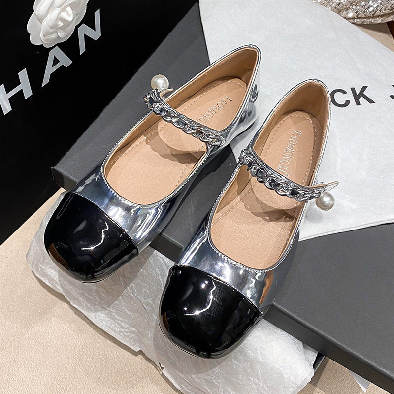 Giày Mary Jane nữ mũi vuông đế bệt gắn ngọc trai, gót thấp 1–3 cm — Bạc phối đen, Đen bạc, Đen trắng
