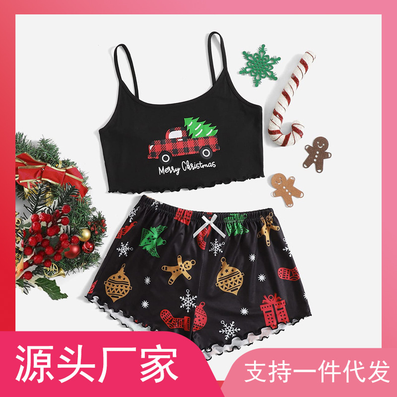 Foreign trade sexy women's Christmas vest shorts pajamas sling snowflake deer home wear two-piece set factory wholesale