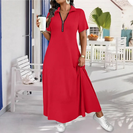 2025 New Autum Style French High-End Waist Slimming Look Right Shoulder Polo Collar Short-Sleeved Pure Color Zipper Women's Dress