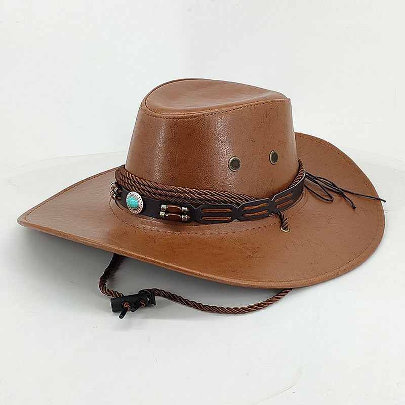 Unisex Ethnischer Windschatten Western Cowboyhut Glänzender Retro Leder Outdoor Sonnencreme Gerollter Ritterzylinder_voghion.com