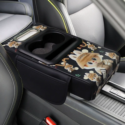 Car Armrest Box Heightening Pad Universal Type Extended and Widened Tissue Box Central Armrest Support Memory Foam Protective Cover (Armrest box pad) - black-cartoon-a