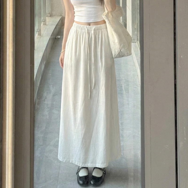 Artistic Style Off-White Cotton-Linen Half-Skirt for Women, Spring 2026 New High-Waisted A-Line Long Skirt, Slimming Casual Flared Skirt