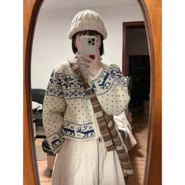 韩国东大门2024年秋冬净色雪花甜美百搭宽松减龄拉链款毛衣开衫女