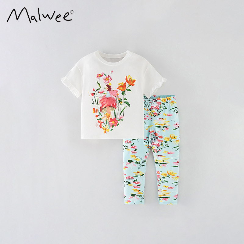 Ropa para niñas malwee transfronterizas, novedad de verano, pantalones informales de manga corta con cuello redondo para niños europeos y americanos, conjunto de dos piezas de estilo occidental