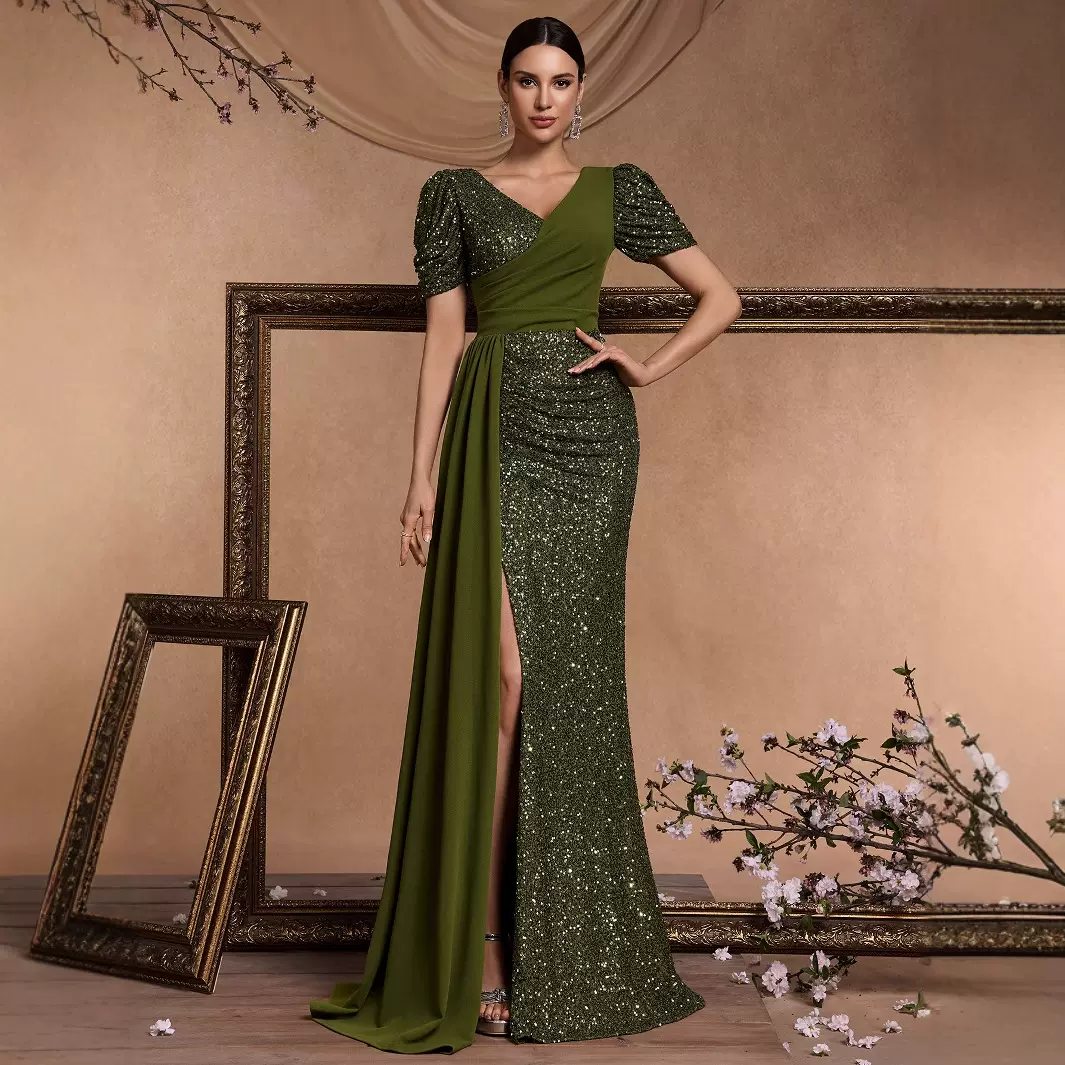 欧美新款优雅珠片拼接合身V领短袖气质华丽高贵酒会正式晚宴礼服