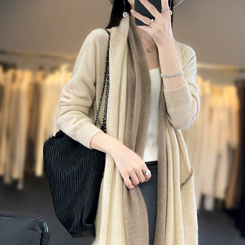 Чистая шерсть 2023 осень-зима новая женская V-образная цветная цветная повседневная средняя длинная до колен кашемировая вязаная кардиган свитер куртка
