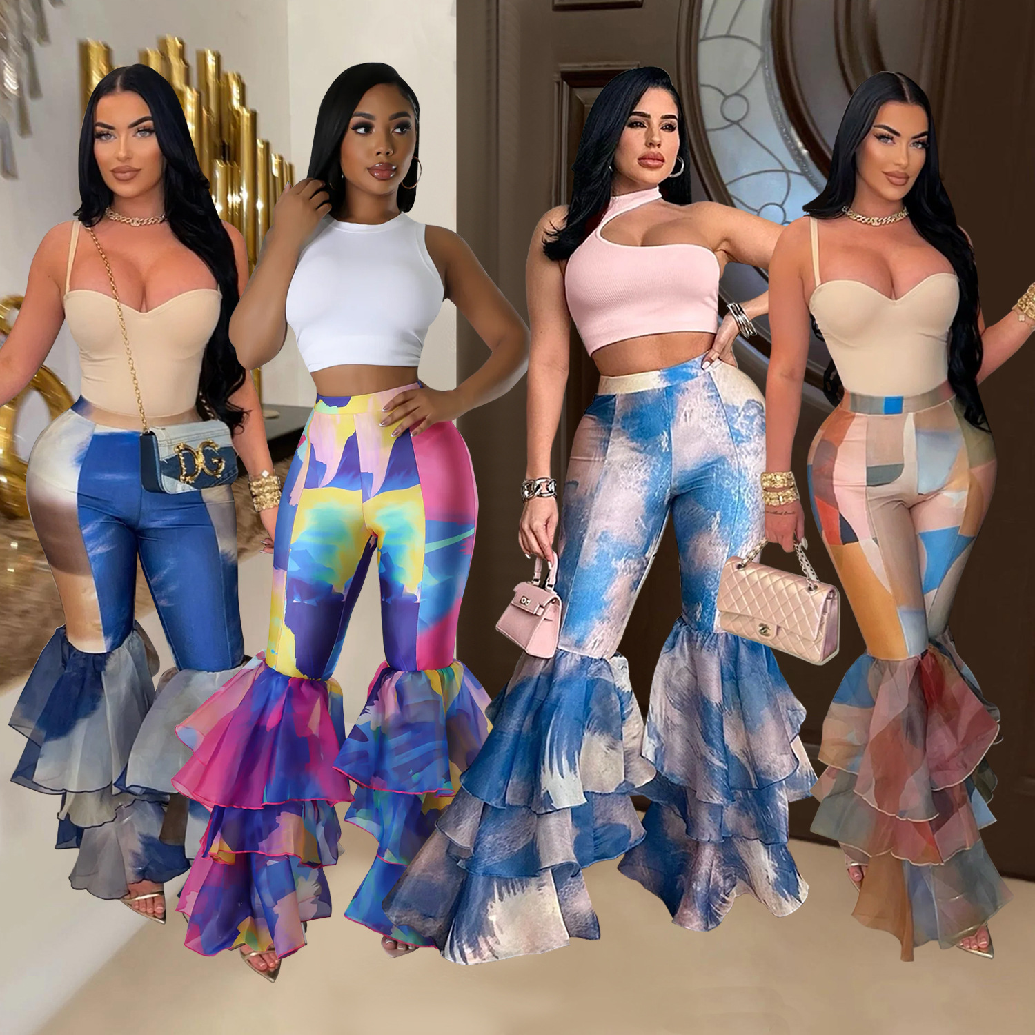 C6971 Cross-border AliExpress Amazon Independent Station Pantalones acampanados con estampado de mujer de moda europea y americana Pantalones de mujer con volantes image 1
