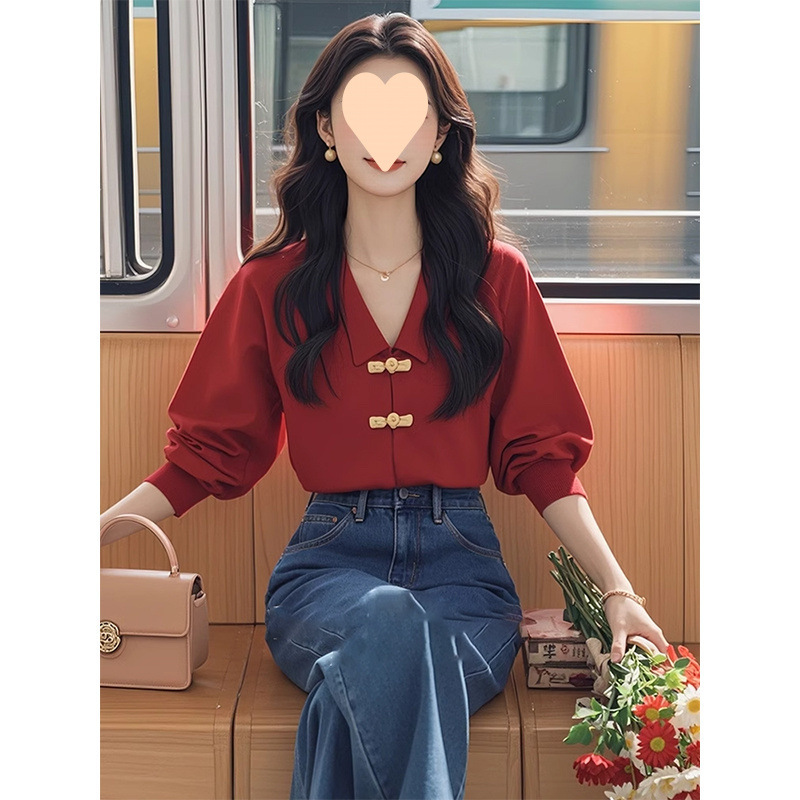 새로운 중국 스타일 국가 스타일 버클 레드 긴 소매 셔츠 프라이드 스트리트 슬림 가을 틈새 아름다운 독특한 탑