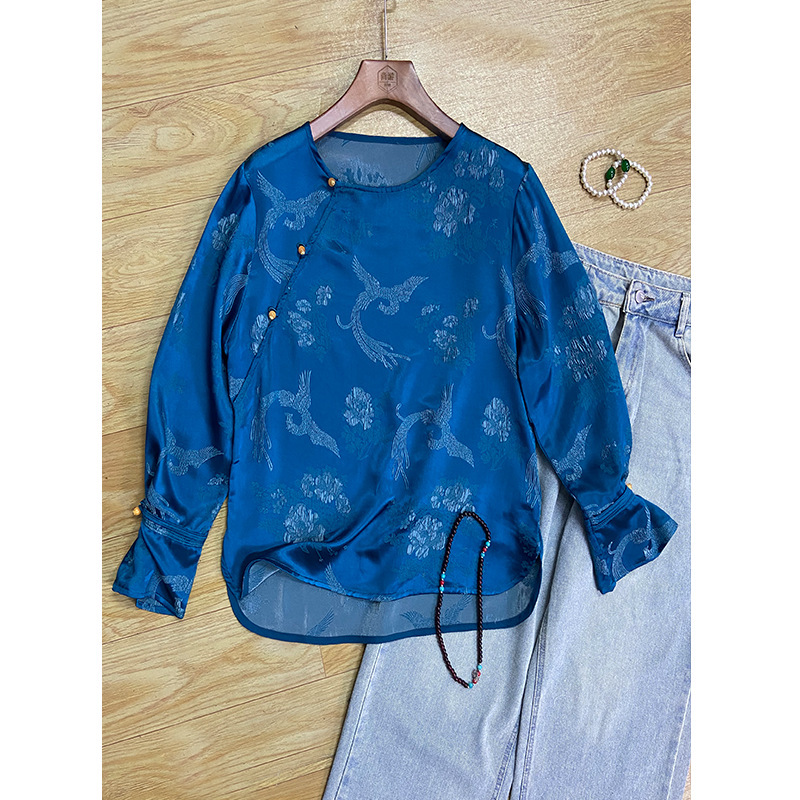 916 Blue Silk Guanle Crepe Jacquard Shirt Female, S M L XL XXL, Shenzhen Nanyou Boutique