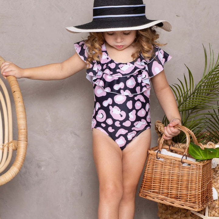 2023 verano nuevo traje de baño de las niñas estilo coreano volantes triángulo traje de baño de una pieza estilo occidental leopardo estampado traje de baño de los niños