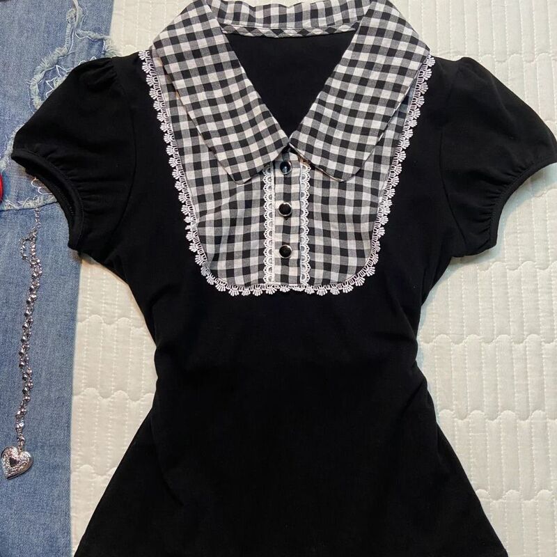 Vintage Black Retro Lace Patchwork Plaid Polo Collar Short-Sleeved T-Shirt for Women Slim Fit Top t Vintage Black Retro Lace Patchwork Plaid Polo Collar Short-Sleeved T-Shirt for Women Slim Fit Top t