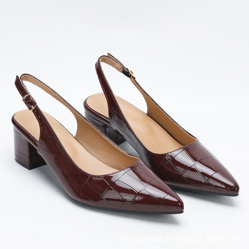 Wide Fit Women's Spring and Summer New Simple Style Dew-heeled Rear Strap Low-heeled Sandals Fashionable Pointed High-heeled Shoes