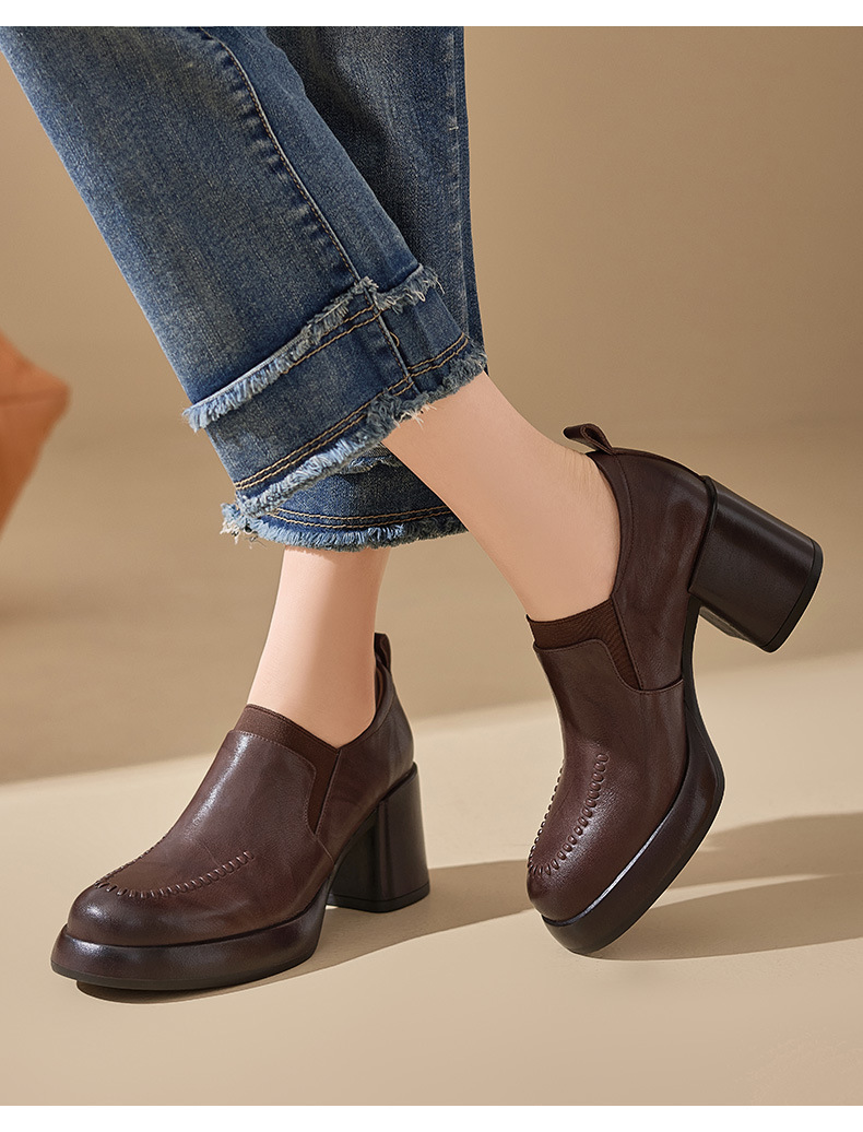 Giày loafer nữ da bò thật đế dày gót vuông 7 cm, miệng sâu, phong cách đơn giản — màu nâu chi tiết 2