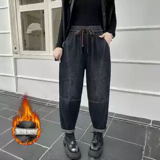 实拍 大码文艺复古加绒加厚牛仔裤冬季新款宽松显瘦哈伦裤老爹裤