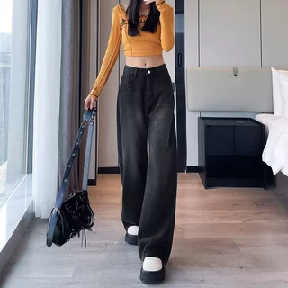 美式高腰阔腿牛仔裤女2025秋冬新款黑灰色显瘦高街直筒拖地裤欧美