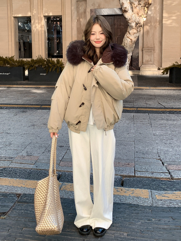 外贸美式复古大毛领连帽棉服女冬季外套2025年新款牛角扣加厚棉衣|undefined