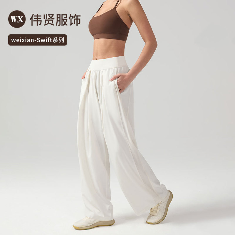 Women's Yoga Wide Leg Pants Mesh Breathable Side Pockets High Elasticity Straight-Leg Sports Outdoor Casual Trousers