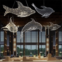 满天星云朵吊灯工程现做鱼灯鲨鱼海豚鲸鱼餐厅店铺装饰动物铁网