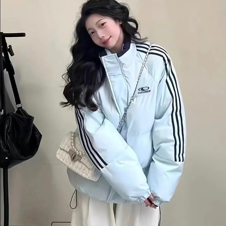 다운패딩 자켓 아메리칸 스타일 2025 스트라이프 스타일 스탠드 칼라 신상 두꺼운 패딩 자켓 루즈핏 브레드 패딩 자켓 겨울 자켓 ins