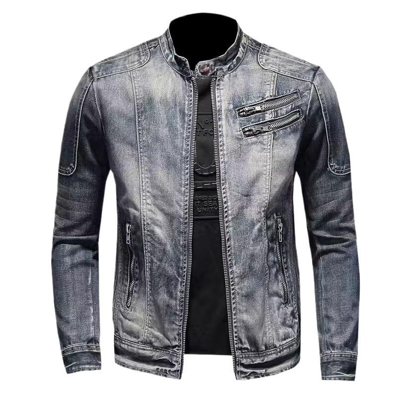Veste en jean tendance pour homme, style rétro décontracté européen et américain, grandes tailles, col montant, fermeture éclair, idéale pour le cyclisme et la moto_voghion.com