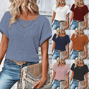 2024 Amazon Europe and the United States spring and summer new independent station lace stitching short sleeve T-shirt in stock cross-border women's clothing