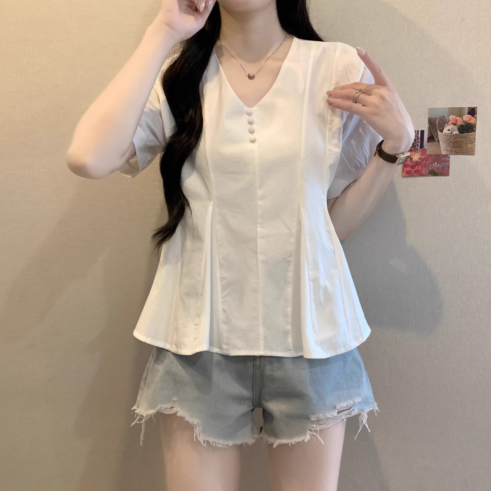 Áo sơ mi nữ cỡ lớn tay ngắn màu xanh lam dáng suông che khuyết điểm — Màu xanh lam chi tiết 17