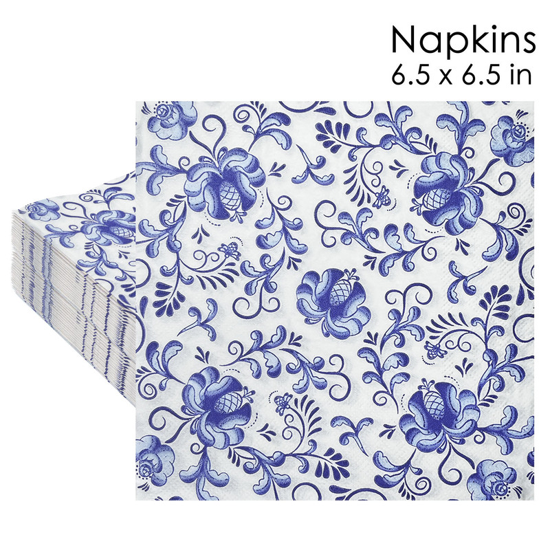 New in stock Disposable Printed Blue Flower Napkin Blue Ceramic Flower 33x 33 Two Layer Tissue